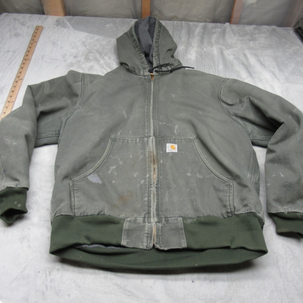 Carhartt Active Jacket Mens Large Gray Hooded Washed Duck Distressed J130 DGR